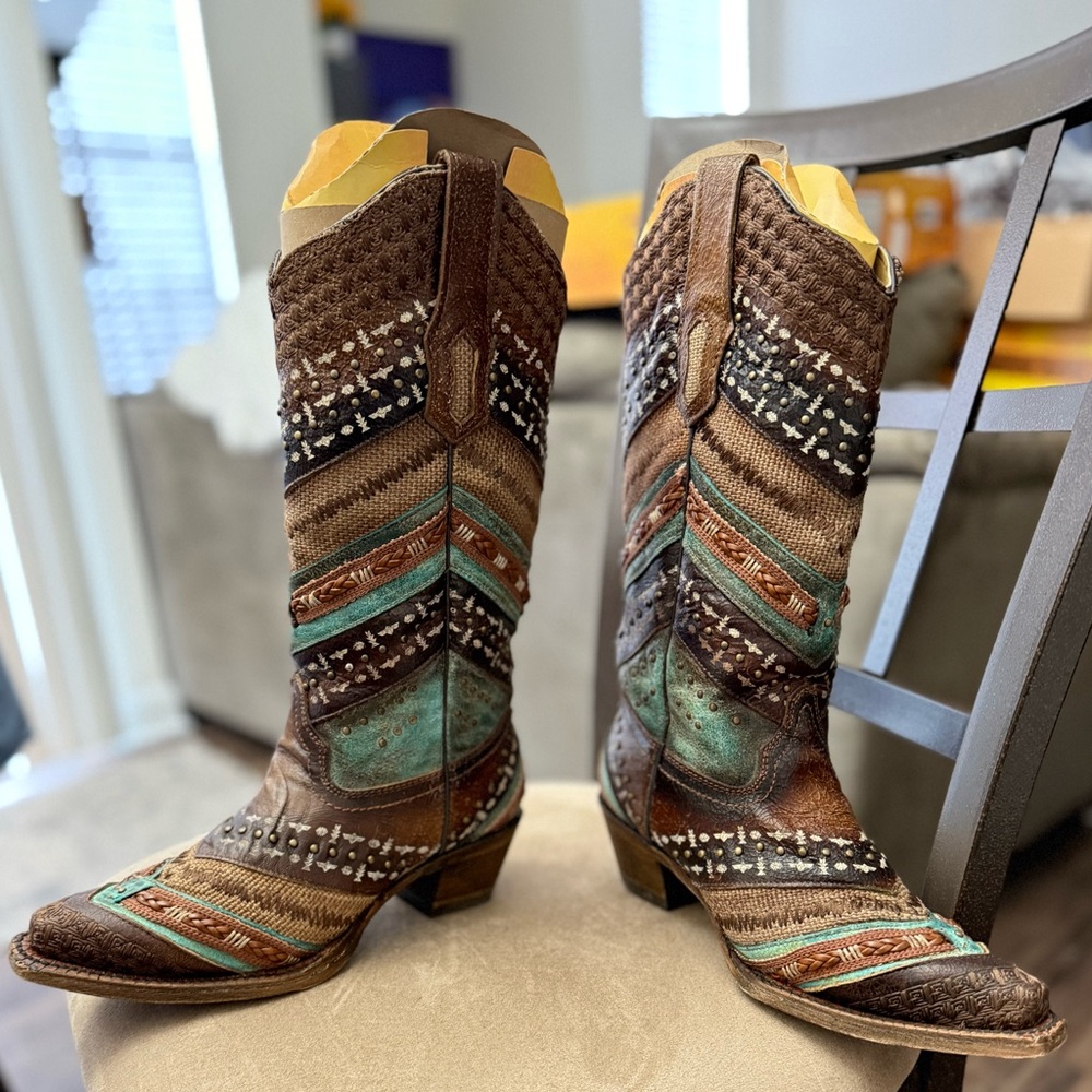Brown and Turquoise Heeled Boots